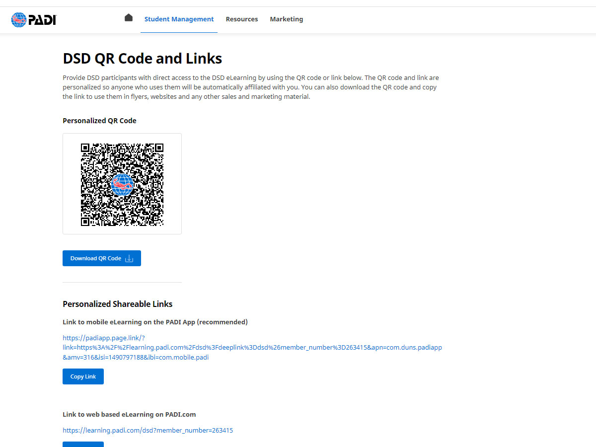 New PADI DSD elearning personalised QR codes