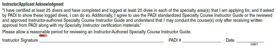 PADI Instructor Specilaty rating application form